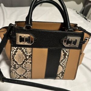 Nine West Elegant Black and Tan Satchel with Snakeskin Accents